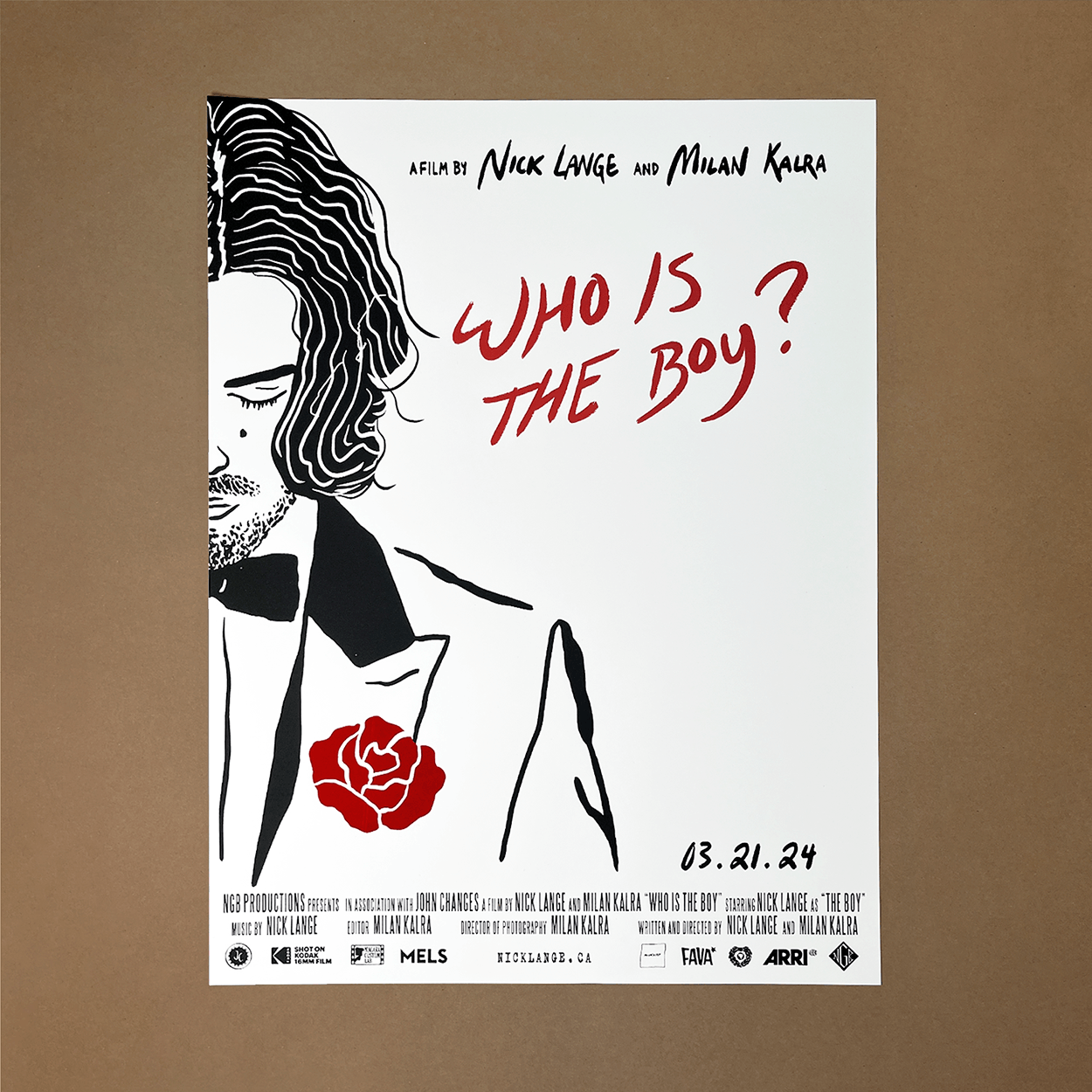Hand screen printed event poster by Kid Icarus in Toronto for the film "Who is the Boy?" by Nick Lange and Milan Kalra, presented at the Yardbird Suite